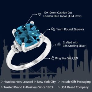 Gem Stone King 925 Sterling Silver London Blue Topaz Engagement Ring For Women (4.64 Cttw, Cushion Cut 10MM, Gemstone Birthstone, Available in size 5, 6, 7, 8, 9)