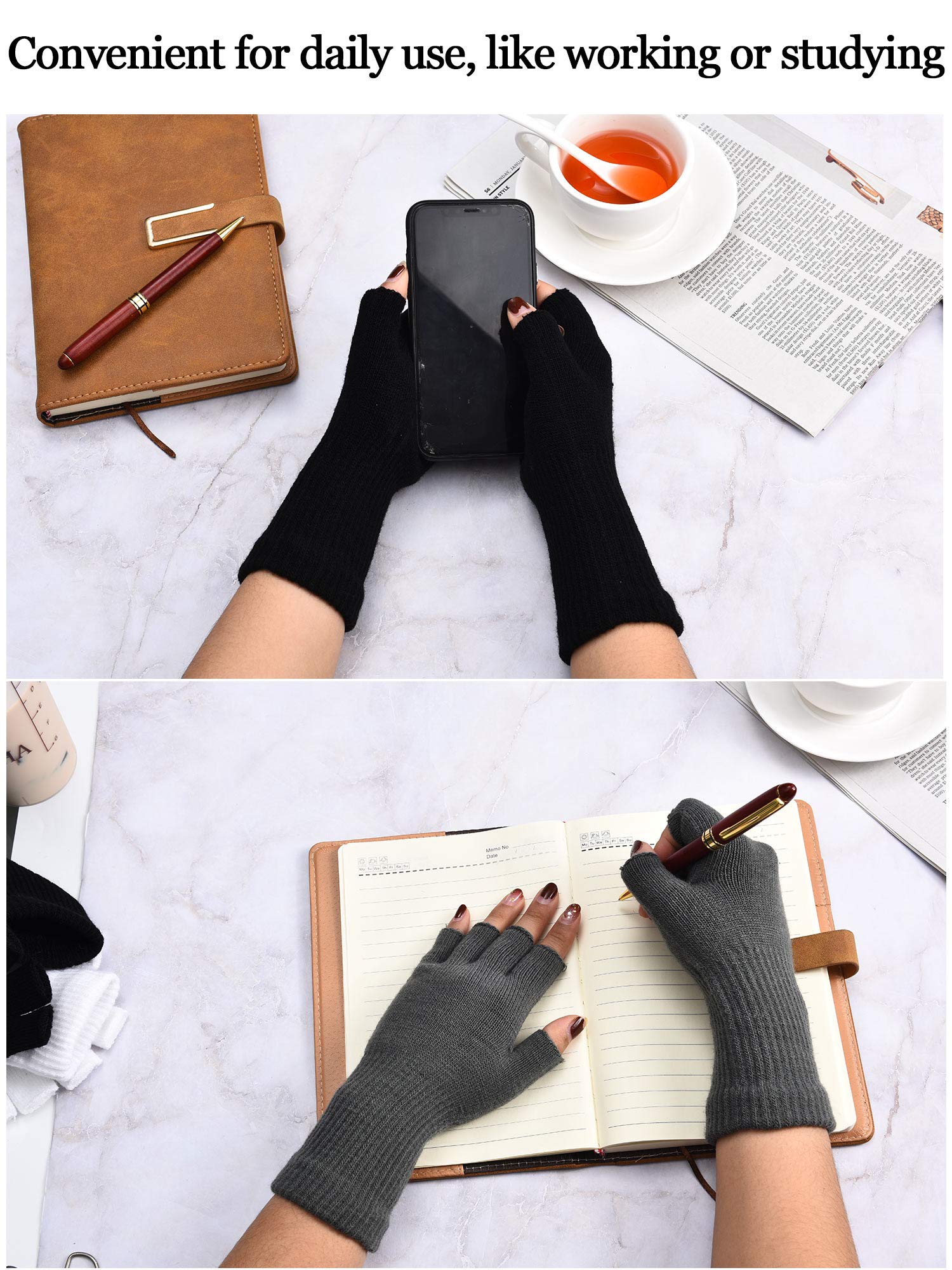 SATINIOR Half-Finger Knit Gloves for Women - Long Cuffed Mittens for Typing and Winter