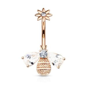 Pierced Owl CZ Crystal Bumble Bee Flower Top Belly Button Navel Ring (Rose Gold Tone)