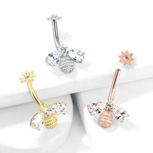 Pierced Owl CZ Crystal Bumble Bee Flower Top Belly Button Navel Ring (Rose Gold Tone)