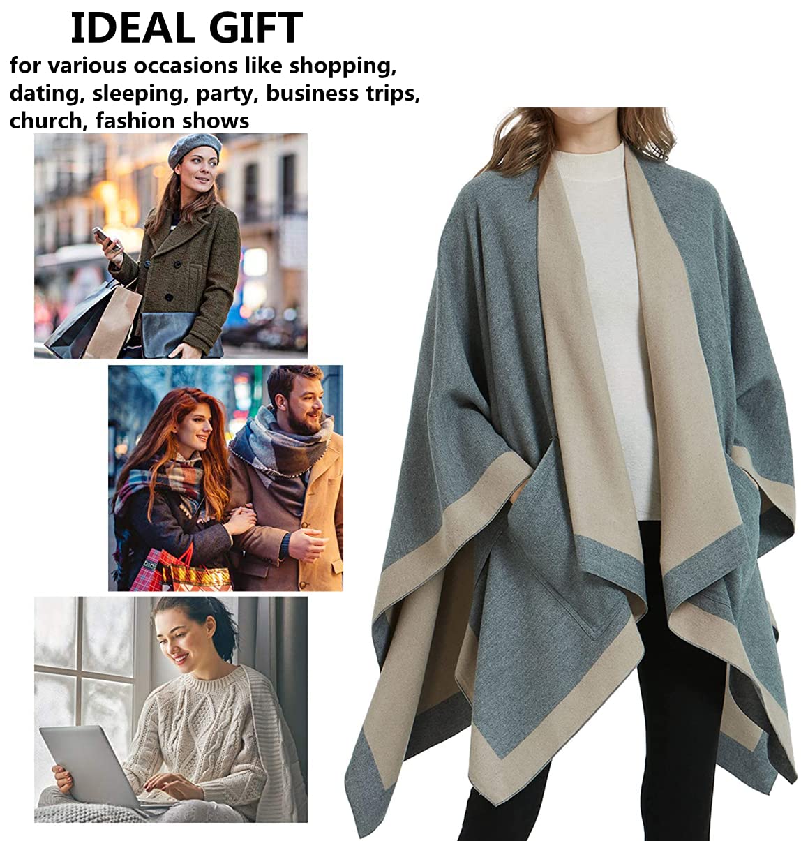 ecoinway Shawl Travel Wrap Poncho Cardigan Gift Tone Scarf Pocket Cape 4 All Seasons Gray Beige¡­