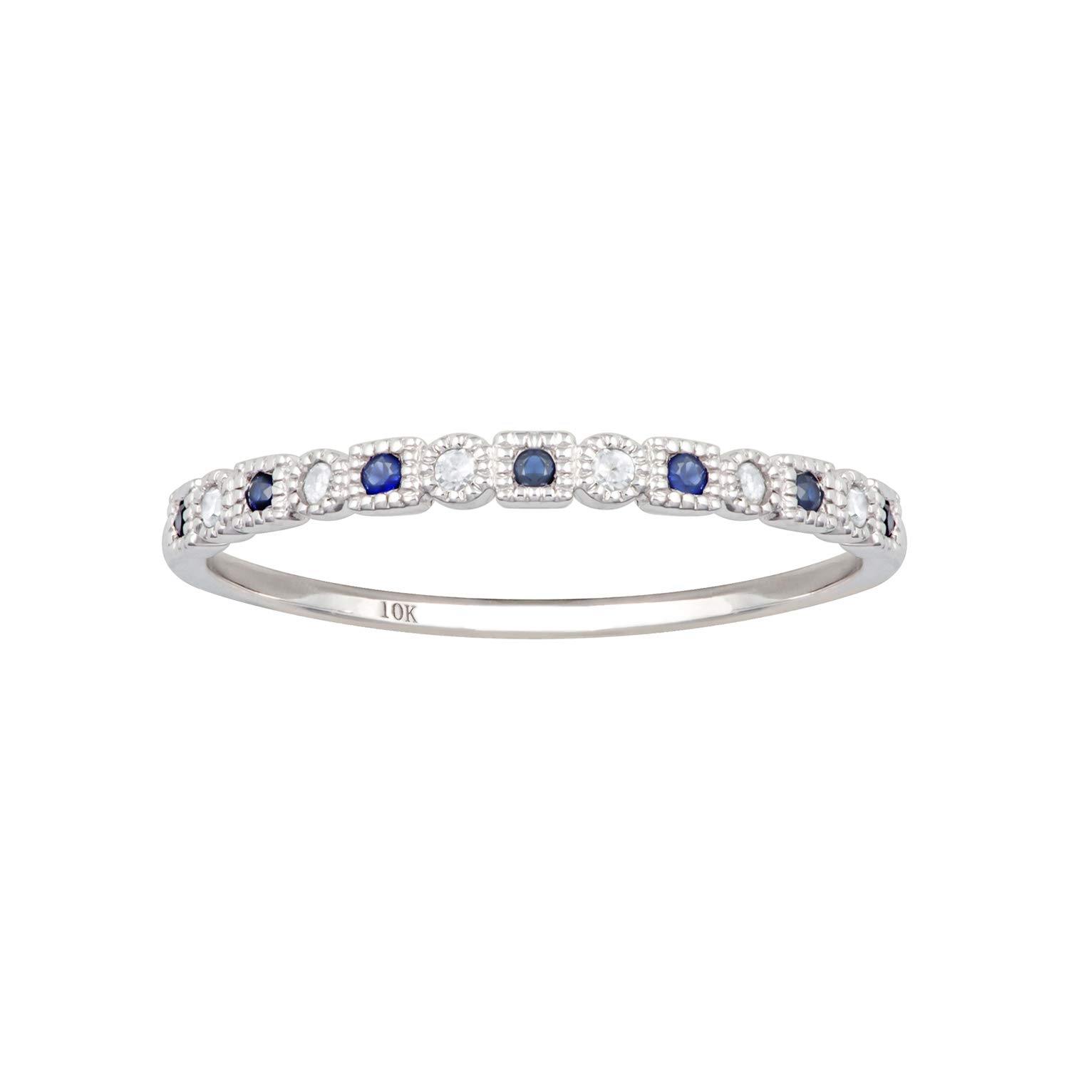 10k White Gold Vintage Style Sapphire and Diamond Petite Stackable Band