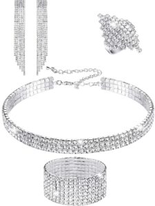 women rhinestone stretch bracelet bangle crystal rhinestone necklace ring dangle fringe earrings (silver)