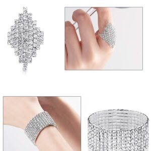 Women Rhinestone Stretch Bracelet Bangle Crystal Rhinestone Necklace Ring Dangle Fringe Earrings (Silver)