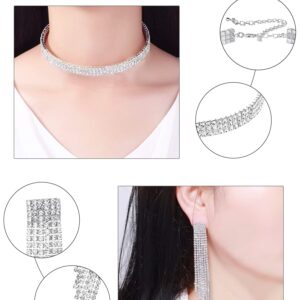 Women Rhinestone Stretch Bracelet Bangle Crystal Rhinestone Necklace Ring Dangle Fringe Earrings (Silver)