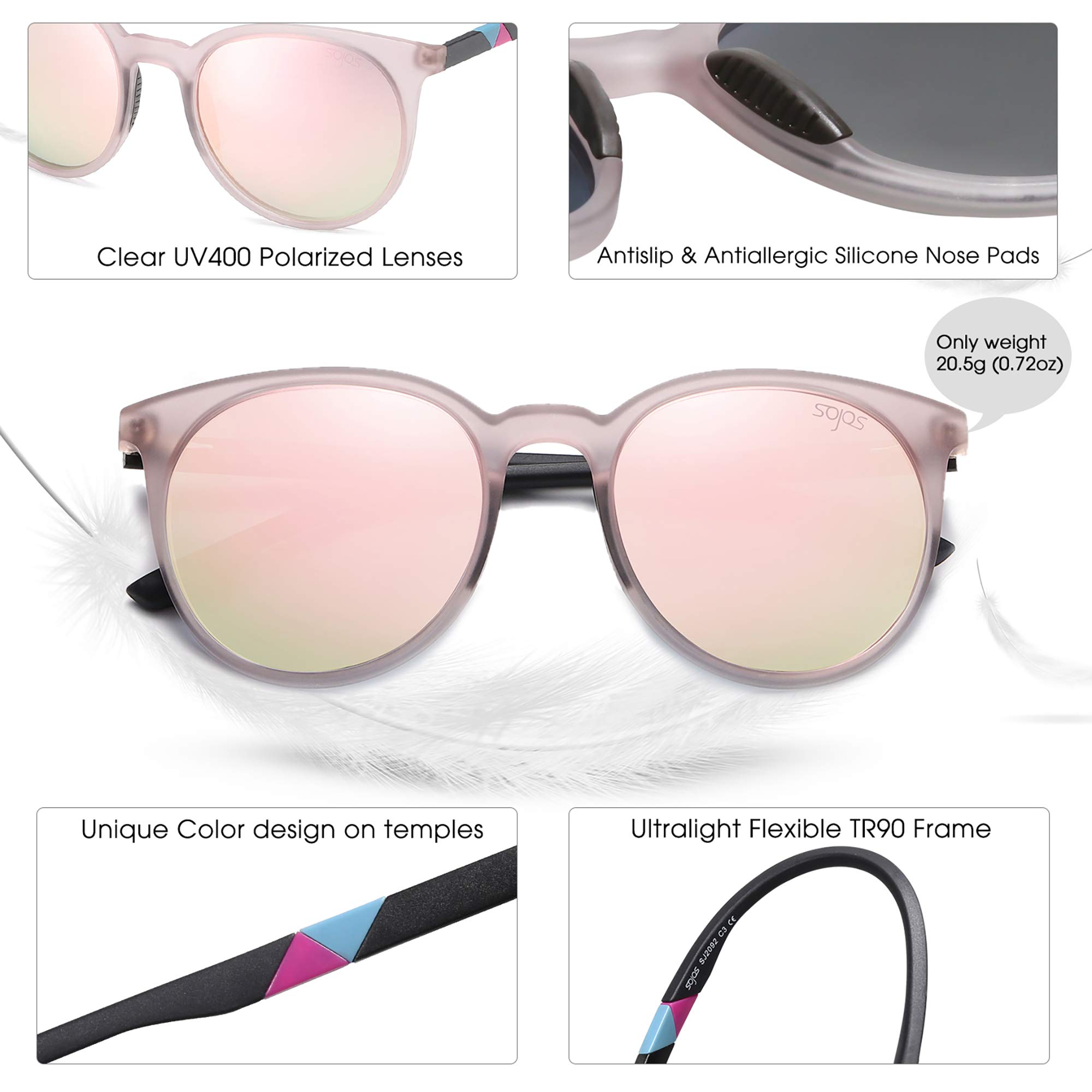 SOJOS Oversized Round Polarized Sports Sunglasses for Women Men, Ultralight TR90 Frame Sport Sunglasses SJ2092, Matte Crystal Greyish Pink Frame/Pink Mirrored Lens