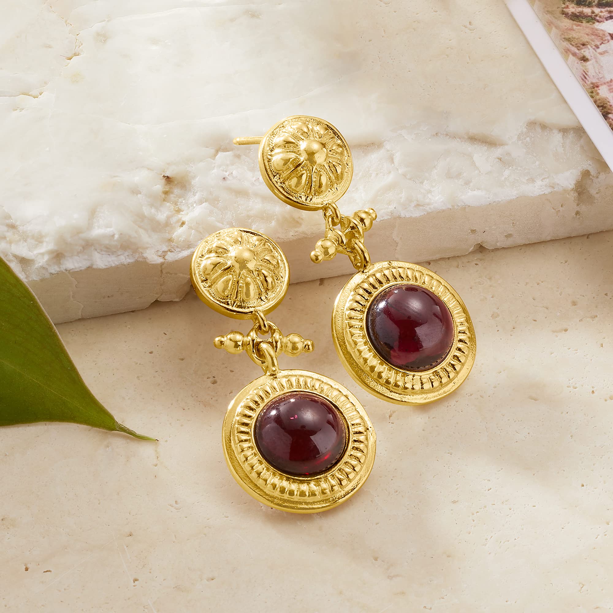 Ross-Simons Italian Garnet Floral Drop Earrings in 18kt Gold Over Sterling