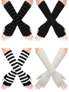 satinior 4 pairs winter long fingerless gloves elbow length gloves arm warmer for women (black, light grey, black white stripe, black dark grey stripe, 11.8 inch)