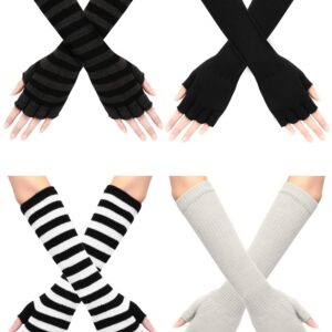 SATINIOR 4 Pairs Winter Long Fingerless Gloves Elbow Length Gloves Arm Warmer for Women (Black, Light Grey, Black White Stripe, Black Dark Grey Stripe, 11.8 Inch)