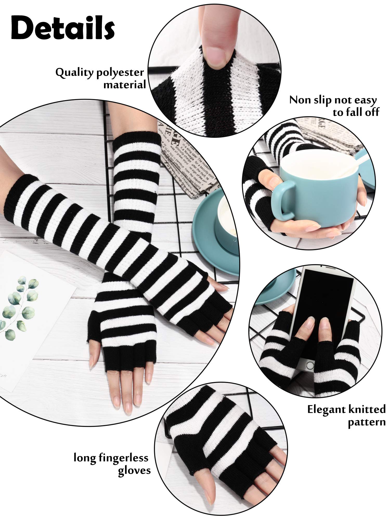 SATINIOR 4 Pairs Winter Long Fingerless Gloves Elbow Length Gloves Arm Warmer for Women (Black, Light Grey, Black White Stripe, Black Dark Grey Stripe, 11.8 Inch)