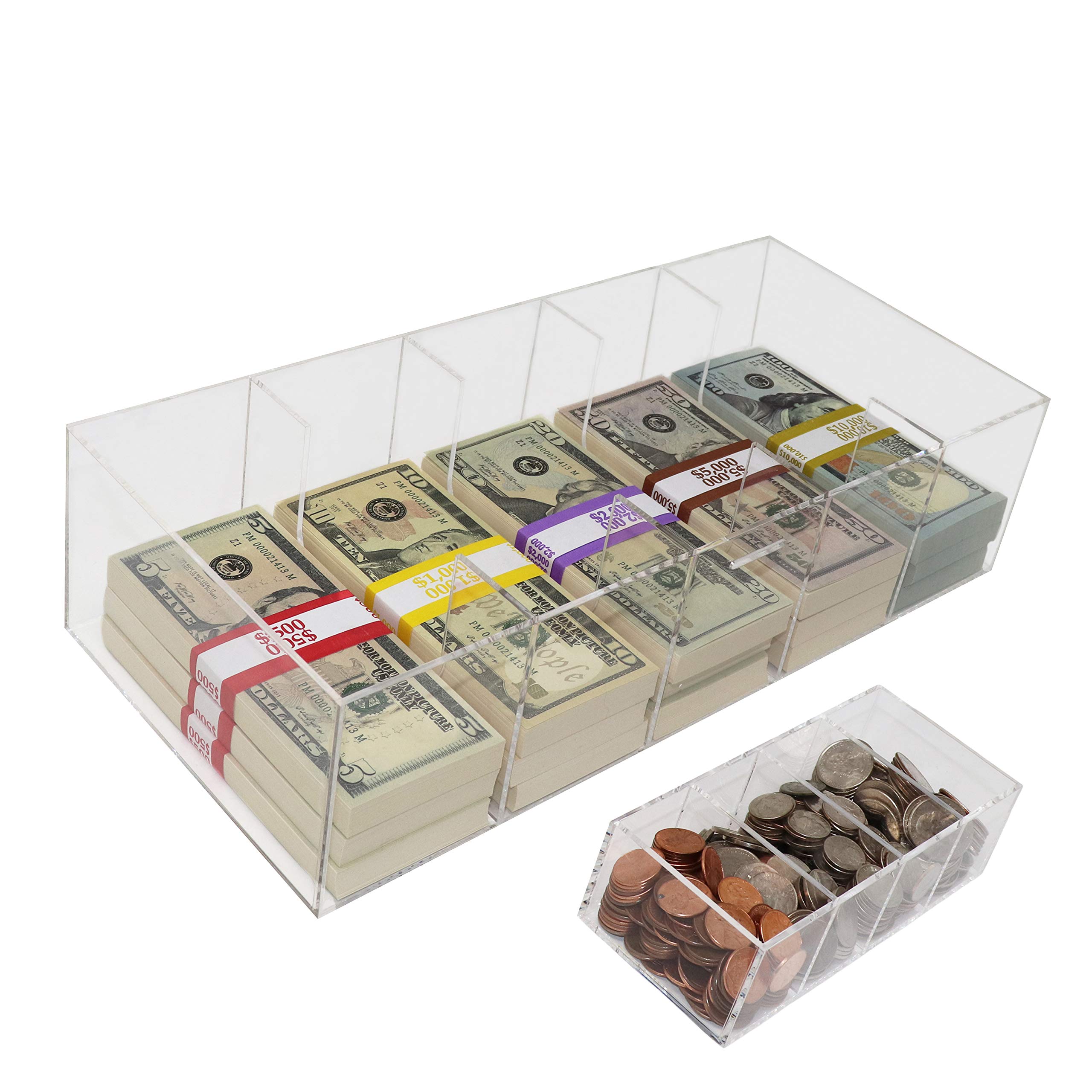 Acrylic Money Tray with Coin Tray Insert, 5 Compartment Clear Cash Organizer Currency Money Storage Box, 300 Money Wrappers Included