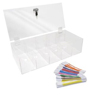 Acrylic Locking Currency Tray, 5 Compartment Cash Organizer Money Storage Box with Lockable Cover, 300 Currency Wrappers Included