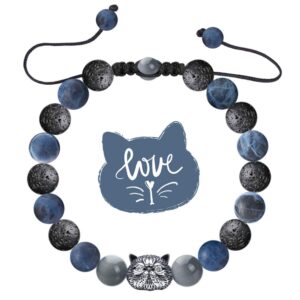 karseer vintage silver plated cat head stress relief reiki healing bracelet matte natural sodalite anti anxiety calming bracelet lava rock oil diffuser aromatherapy bracelet, cat lovers memorial gift