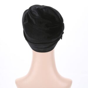 YiYi Operation Women's Stretch Velvet Turban Hat Cancer Chemo Beanie Beaded Flower Hair Wrap Cap Headwear (Black)