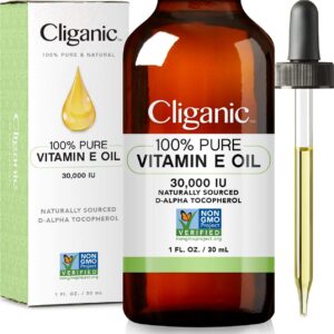 cliganic 100% pure vitamin e oil for skin, hair & face - 30,000 iu, non-gmo verified | natural d-alpha tocopherol