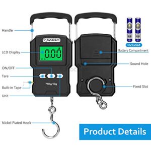 Fishing Scales 165lb/75kg Backlit LCD Display Portable Electronic Digital Fish Scale with Built-in Measuring Tape, Include Battery and Carry Bag