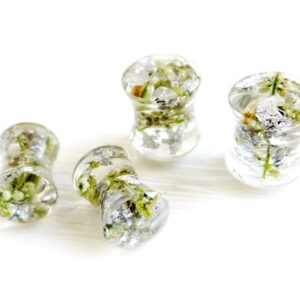 ETERNIADA Ear gauges and Plugs Silver Flakes and Tamarisk Flower Plug and Tunnel 0g Plugs 28mm Plugs Floral gauges Resin Plug Bridal Plugs 6g 4g 2g Dried Herbs (22mm / 7/8" / Pair)