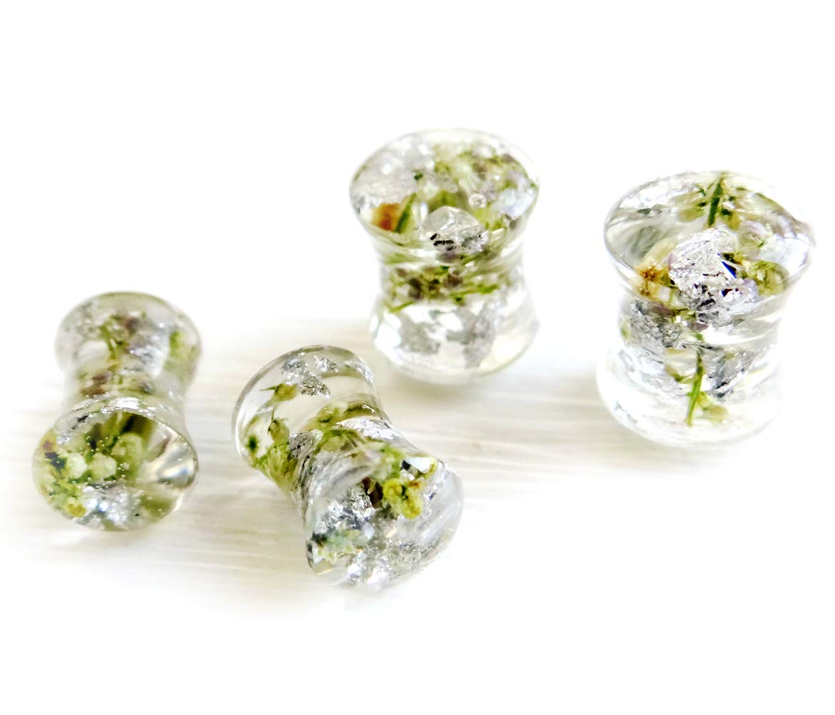 ETERNIADA Ear gauges and Plugs Silver Flakes and Tamarisk Flower Plug and Tunnel 0g Plugs 28mm Plugs Floral gauges Resin Plug Bridal Plugs 6g 4g 2g Dried Herbs (22mm / 7/8" / Pair)