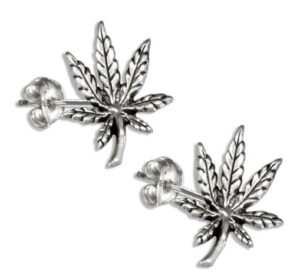 marijuana pot leaf cannabis .925 sterling silver stud post earrings