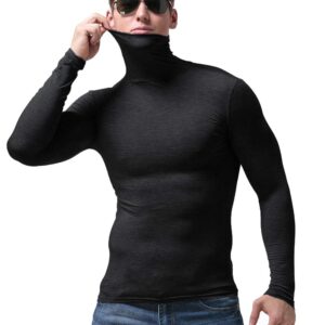 SALNIER Men Basic Turtleneck Slim Fit Long Sleeve Pullover Top Solid Thermal Knitted T-Shirt Sweaters Soft Lightweight Shirt (Black, M)