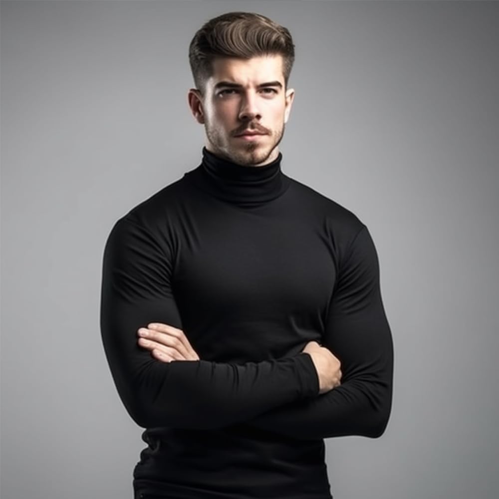 SALNIER Men Basic Turtleneck Slim Fit Long Sleeve Pullover Top Solid Thermal Knitted T-Shirt Sweaters Soft Lightweight Shirt (Black, M)