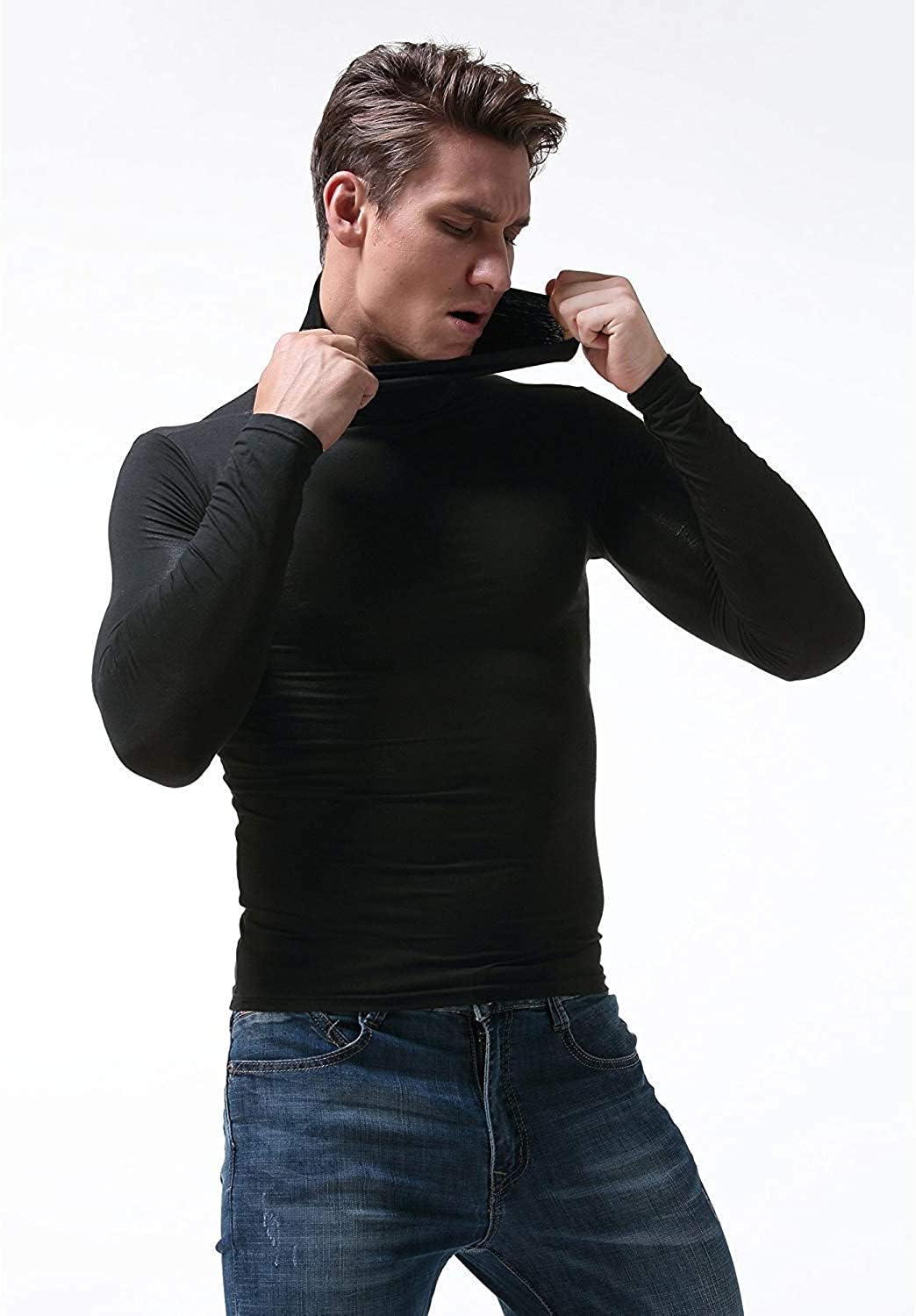 SALNIER Men Basic Turtleneck Slim Fit Long Sleeve Pullover Top Solid Thermal Knitted T-Shirt Sweaters Soft Lightweight Shirt (Black, M)