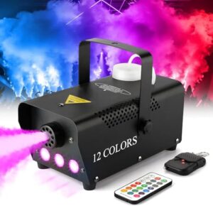 fog machine with lights - 3 stage led lights with 12 colors & strobe effect for party wedding holiday christmas - fansteck 500w upgraded remote portable smoke machine