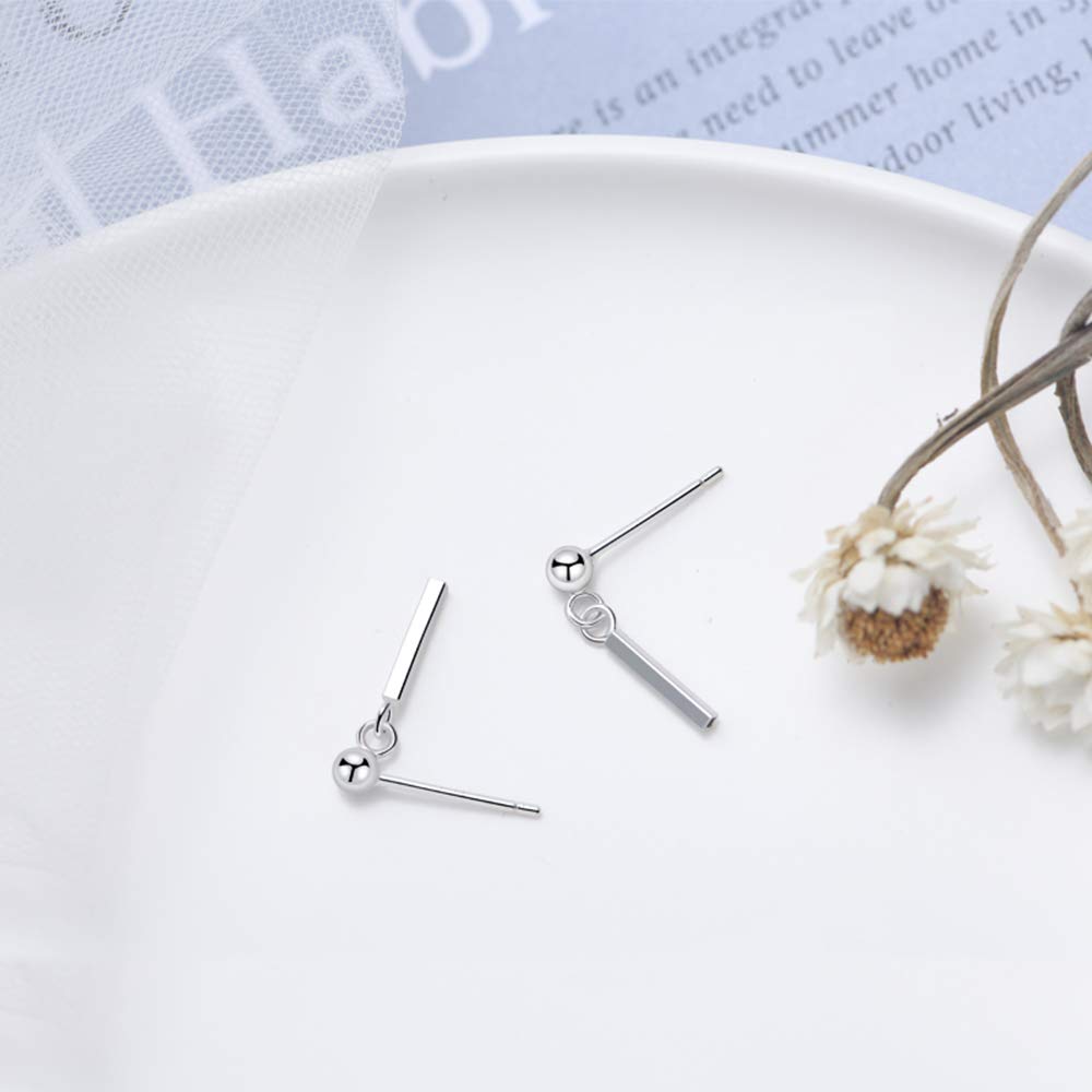 Minimalist Bar Dangle Stud Earrings Sterling Silver for Women Girls Simple Chic Statement Ball Cartilage Ear Studs Post Piercing Earring Cute Jewelry Gifts (White Gold)