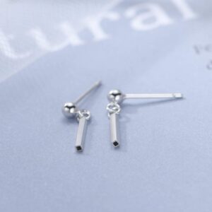 Minimalist Bar Dangle Stud Earrings Sterling Silver for Women Girls Simple Chic Statement Ball Cartilage Ear Studs Post Piercing Earring Cute Jewelry Gifts (White Gold)