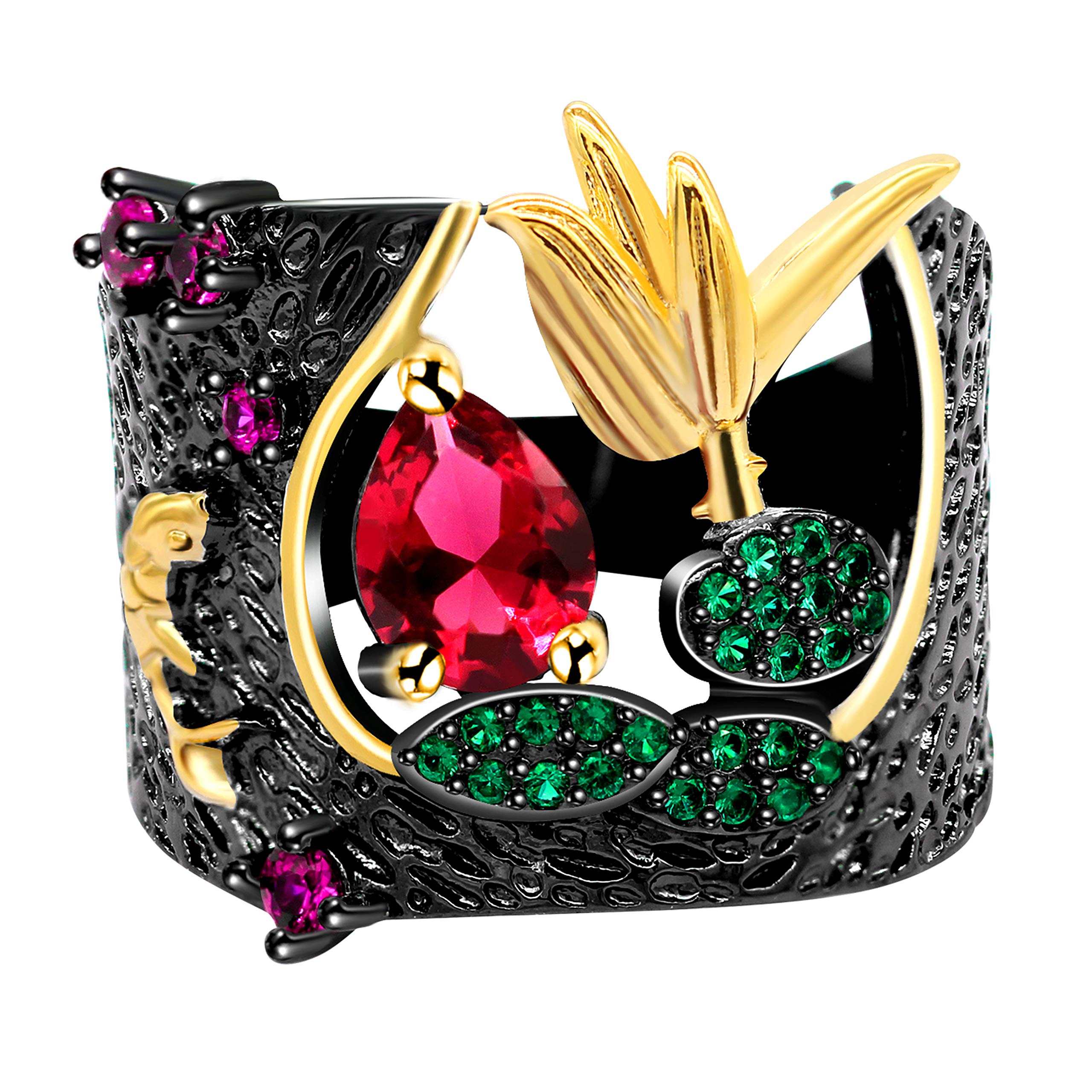 Uloveido Fashion Red Crystal Flower Black Band Rings for Women Statment Cocktail Wide Rings for Girls Size 9 Y566