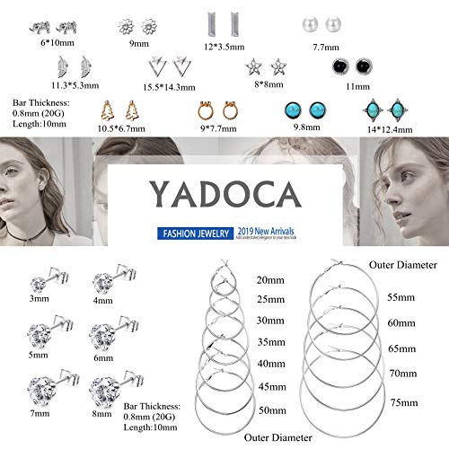 YADOCA 68 Pairs Stainless Steel Stud Earrings Set for Men Women Assorted Cute Vintage Triangle Faux Pearl Elephant Heart Turquoise Bead Clear Cubic Zirconia Stud Earrings Hoop Earrings Set