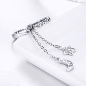 Kokoma Fashion CZ Moon Star Eternity Promise Ring Sterling Silver Adjustable Crystal Tassel Chain Wedding Statement Rings Finger Tail Band Cute Jewelry Gifts