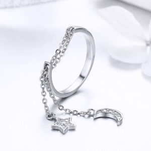 Kokoma Fashion CZ Moon Star Eternity Promise Ring Sterling Silver Adjustable Crystal Tassel Chain Wedding Statement Rings Finger Tail Band Cute Jewelry Gifts