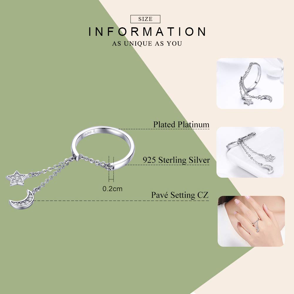 Kokoma Fashion CZ Moon Star Eternity Promise Ring Sterling Silver Adjustable Crystal Tassel Chain Wedding Statement Rings Finger Tail Band Cute Jewelry Gifts