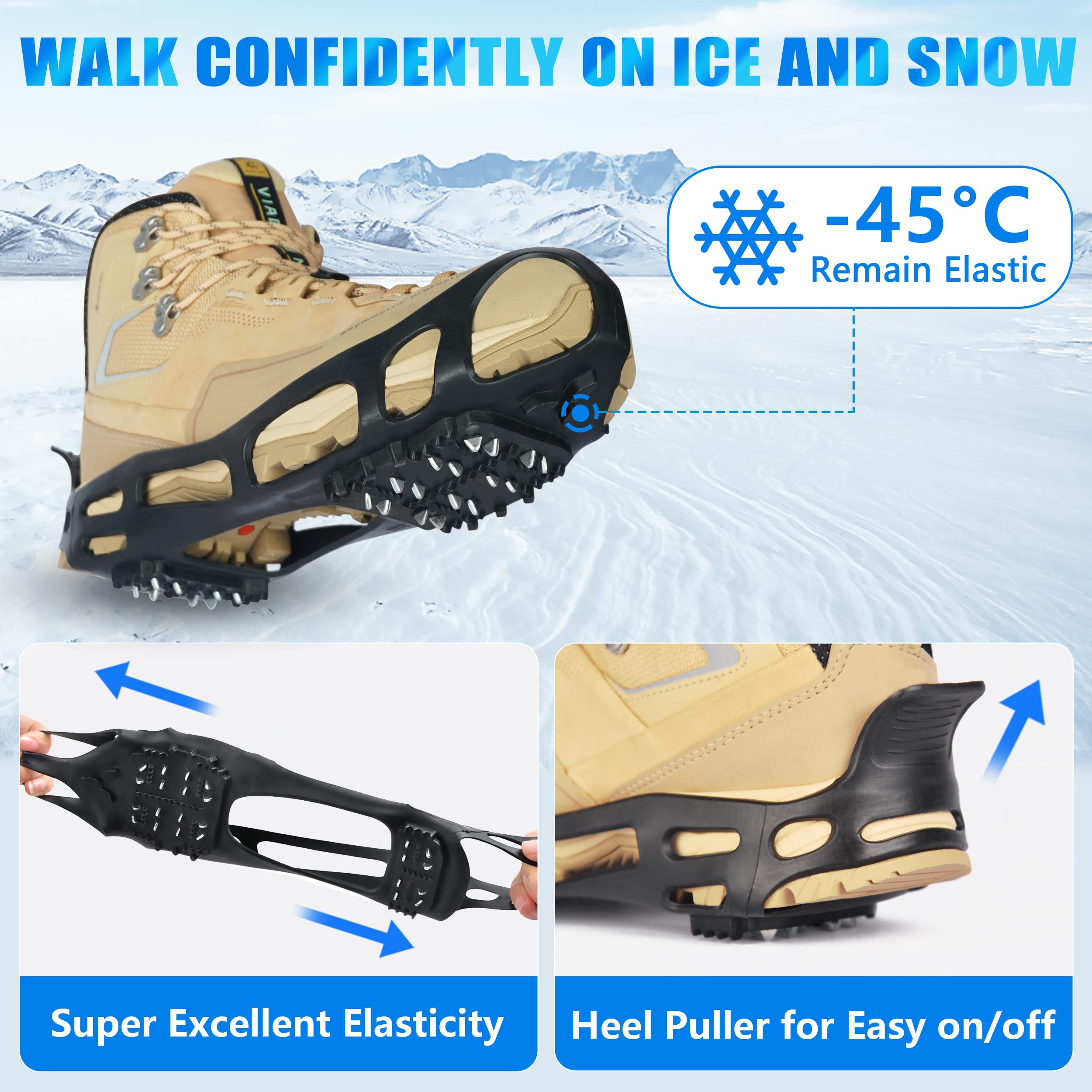 Ice Snow Cleats for Shoes Boots Walk Traction Cleats Crampons Anti Slip 24 Studs Ice Cleat Slip-on Stretch Footwear Grippers for Women Men Kids Walking on Snow Ice