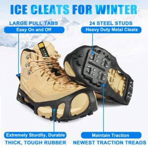 Ice Snow Cleats for Shoes Boots Walk Traction Cleats Crampons Anti Slip 24 Studs Ice Cleat Slip-on Stretch Footwear Grippers for Women Men Kids Walking on Snow Ice