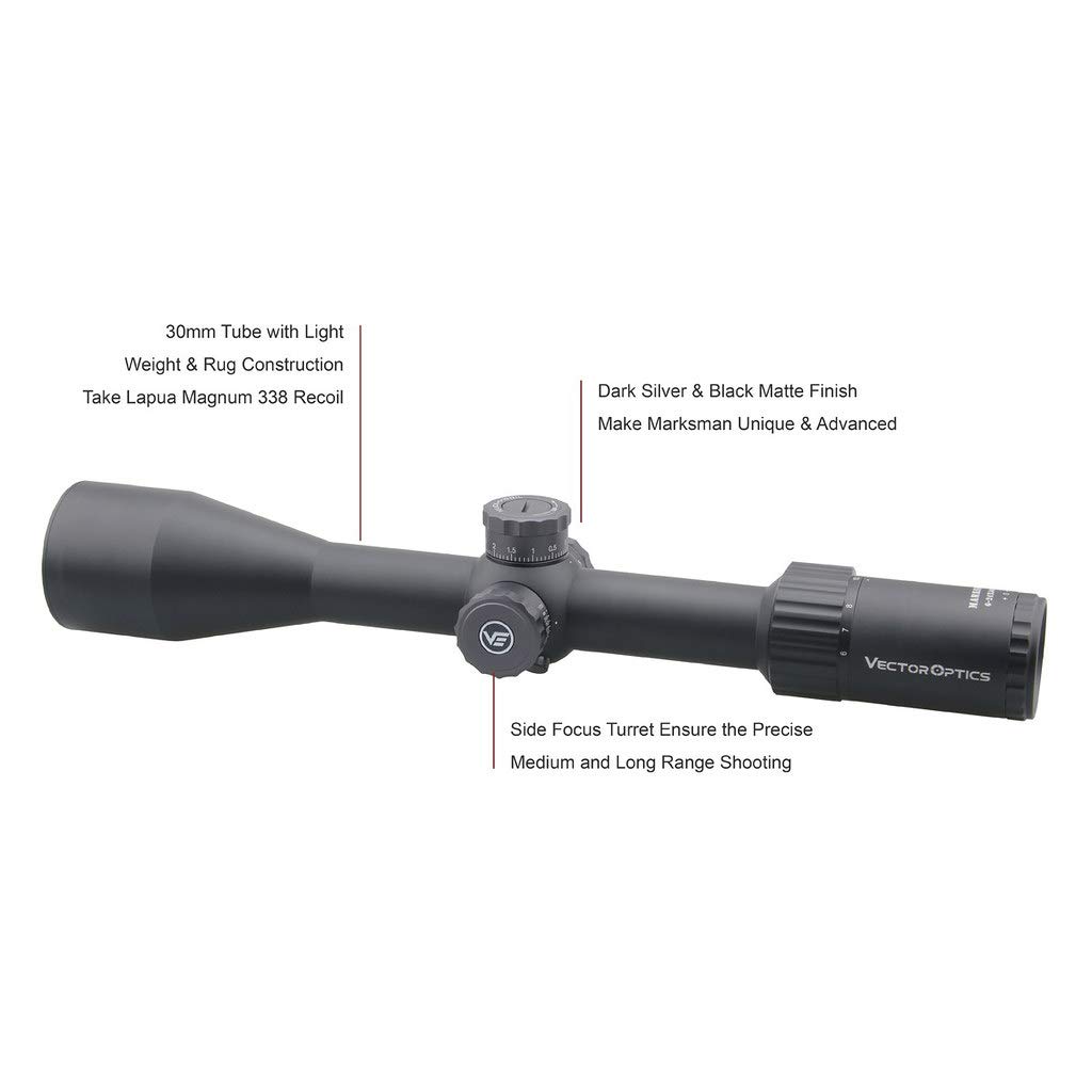 Vector Optics Marksman 6-24x50 mm First Focal Plane (FFP) 1/10 MIL Hunting Riflescope with VPA-MF Reticle, 30mm Tactical Mount Rings, Lens Covers and Honeycomb Sunshade