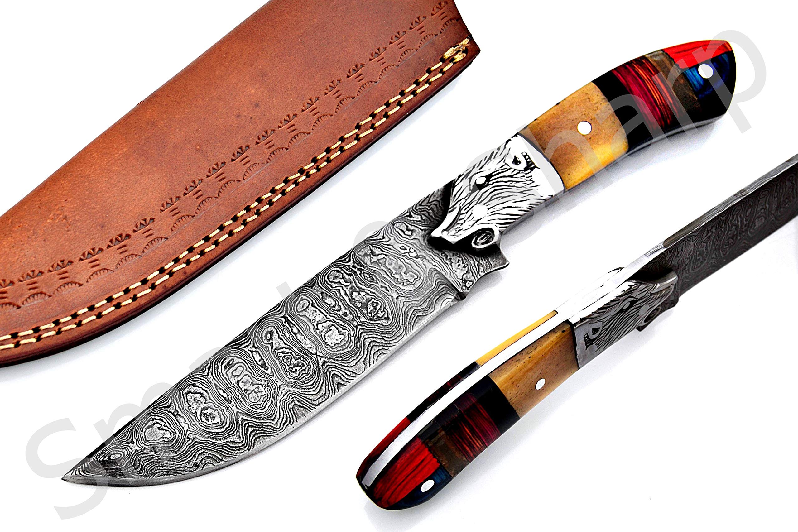 Smart & Sharp Custom Handmade Damascus Steel Hunting Knife/Skinning Knife AA-17287 (Natural Bone and Multi Color Wood)