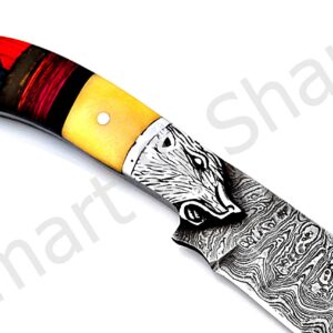 Smart & Sharp Custom Handmade Damascus Steel Hunting Knife/Skinning Knife AA-17287 (Natural Bone and Multi Color Wood)