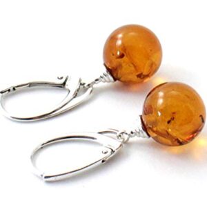 Baltic Amber Earrings For Women with Silver - Drop Dangle - Oval Shape - TipTopEco (Cognac Oval)