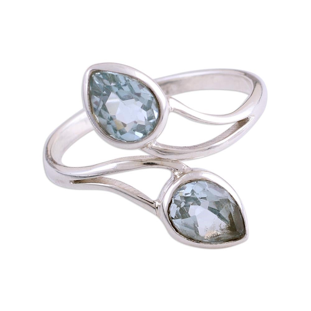 NOVICA Artisan Handmade Topaz Wrap Ring from India .925 Sterling Silver Birthstone 'Blue Teardrops'