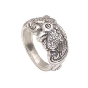 novica artisan handmade sterling silver band ring rooster from indonesia cocktail animal themed bird [ring front 0.5 in l x 0.9 in w x 0.2 in h band width 3 mm w] ' ayam jago'