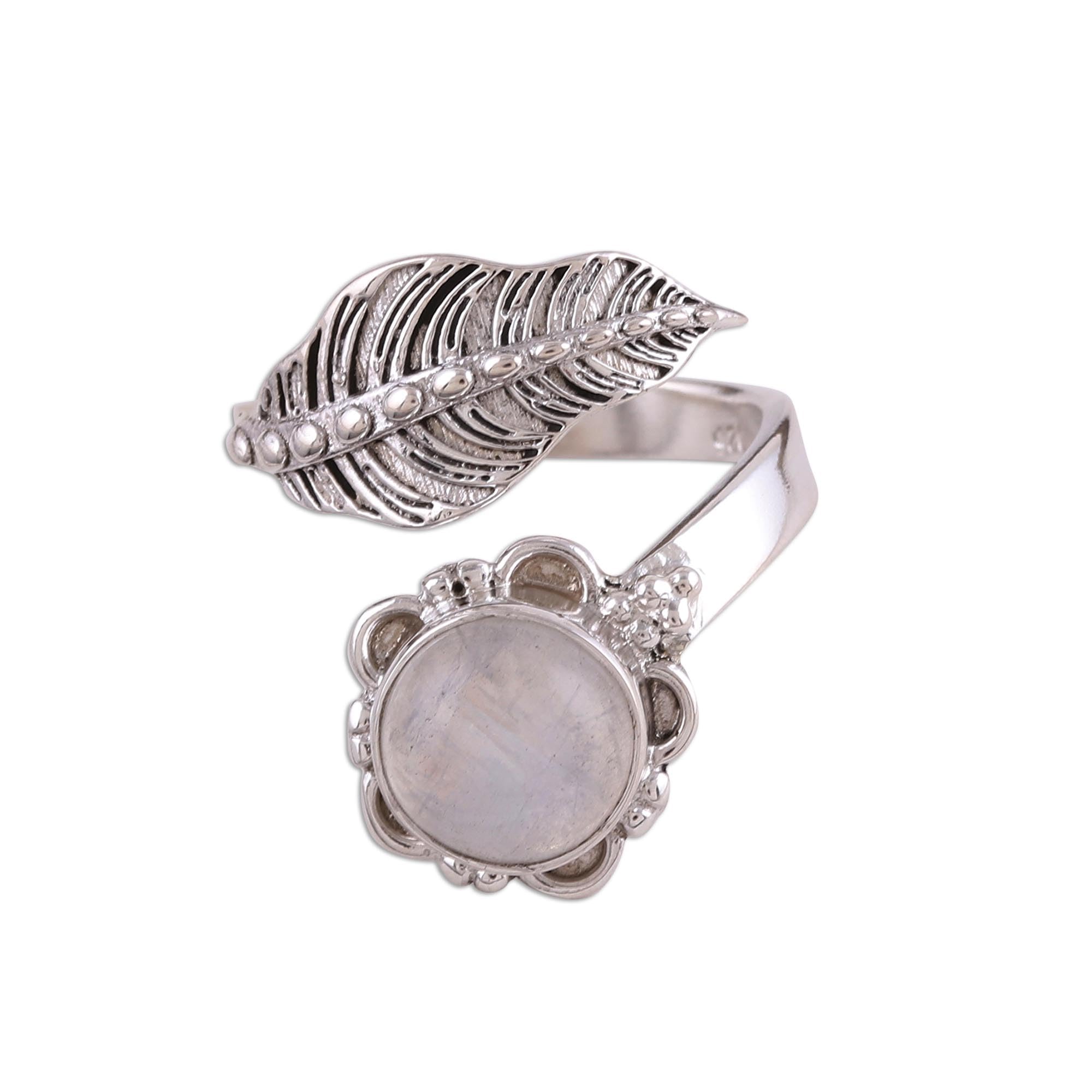 NOVICA Artisan Handmade Rainbow Moonstone Wrap Ring Leafshaped from India Sterling Silver Clear Cocktail Tree [ring Front 0.9 in L x 0.9 in W x 0.4 in H Band Width 3 mm W] ' Forever Natural'