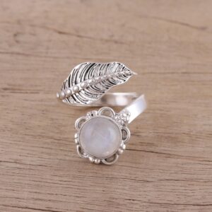 NOVICA Artisan Handmade Rainbow Moonstone Wrap Ring Leafshaped from India Sterling Silver Clear Cocktail Tree [ring Front 0.9 in L x 0.9 in W x 0.4 in H Band Width 3 mm W] ' Forever Natural'