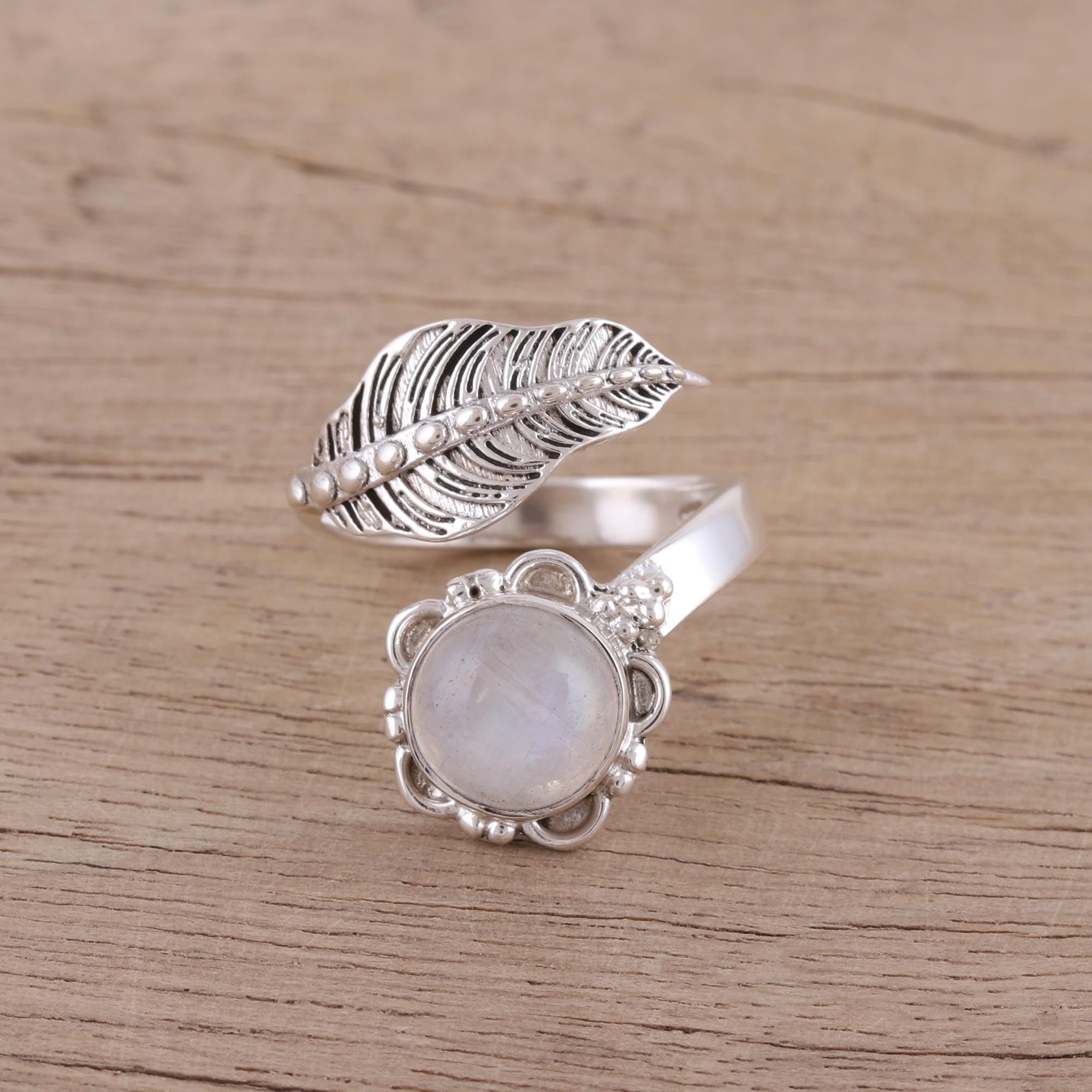 NOVICA Artisan Handmade Rainbow Moonstone Wrap Ring Leafshaped from India Sterling Silver Clear Cocktail Tree [ring Front 0.9 in L x 0.9 in W x 0.4 in H Band Width 3 mm W] ' Forever Natural'