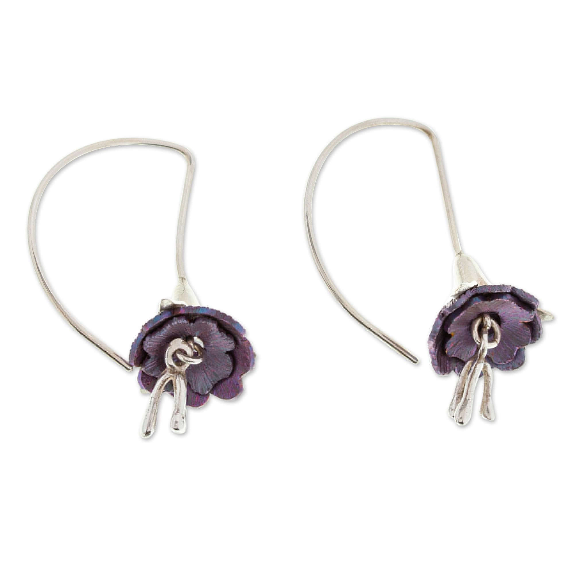 NOVICA Artisan Handmade Titanium Plated Sterling Silver Drop Earrings Floral No Stone Threader Mexico Modern [1.2 in L x 0.5 in W] ' Sleepy Flowers'