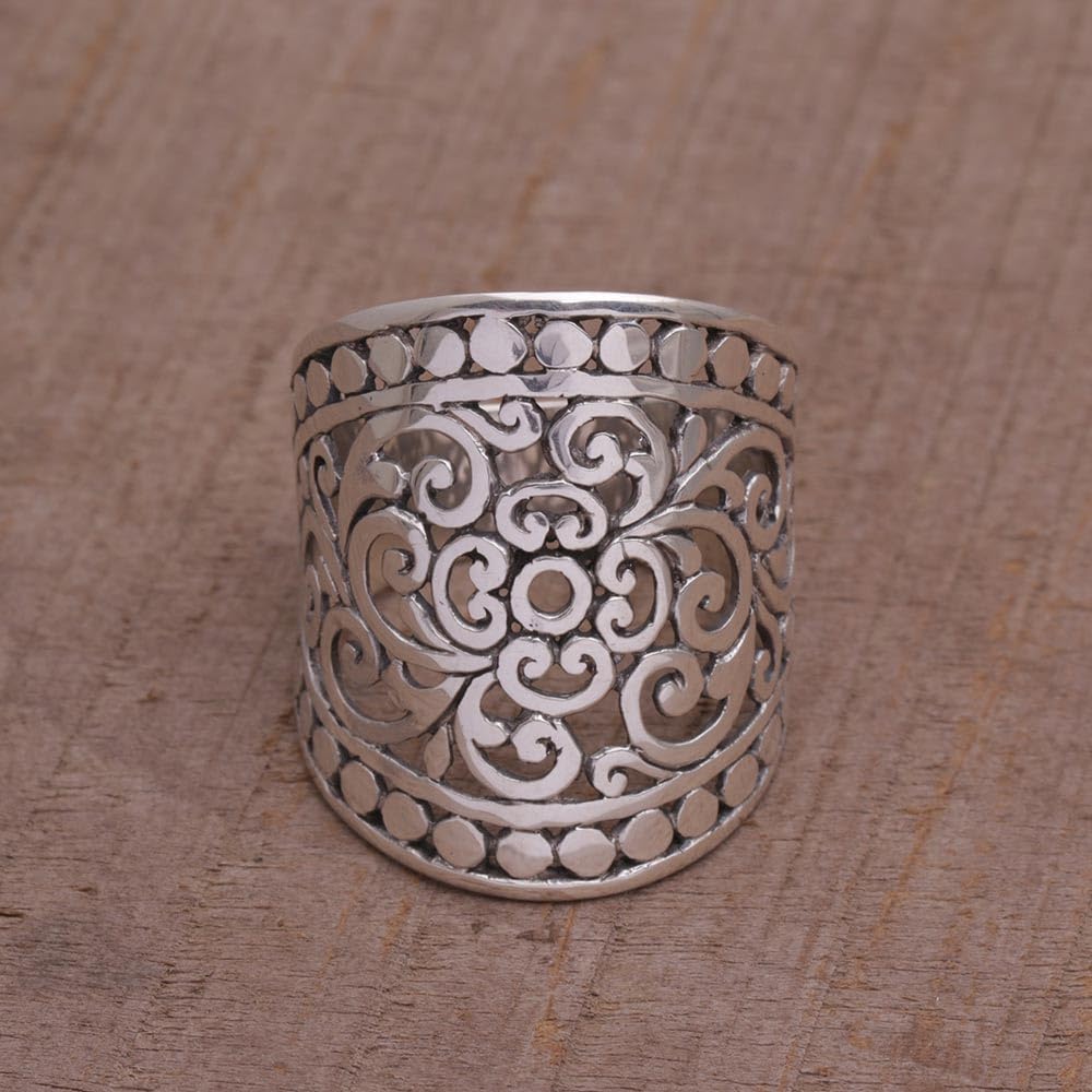 NOVICA Artisan Handmade .925 Sterling Silver Band Ring Wide from Indonesia Tone 'Memory of Bali'