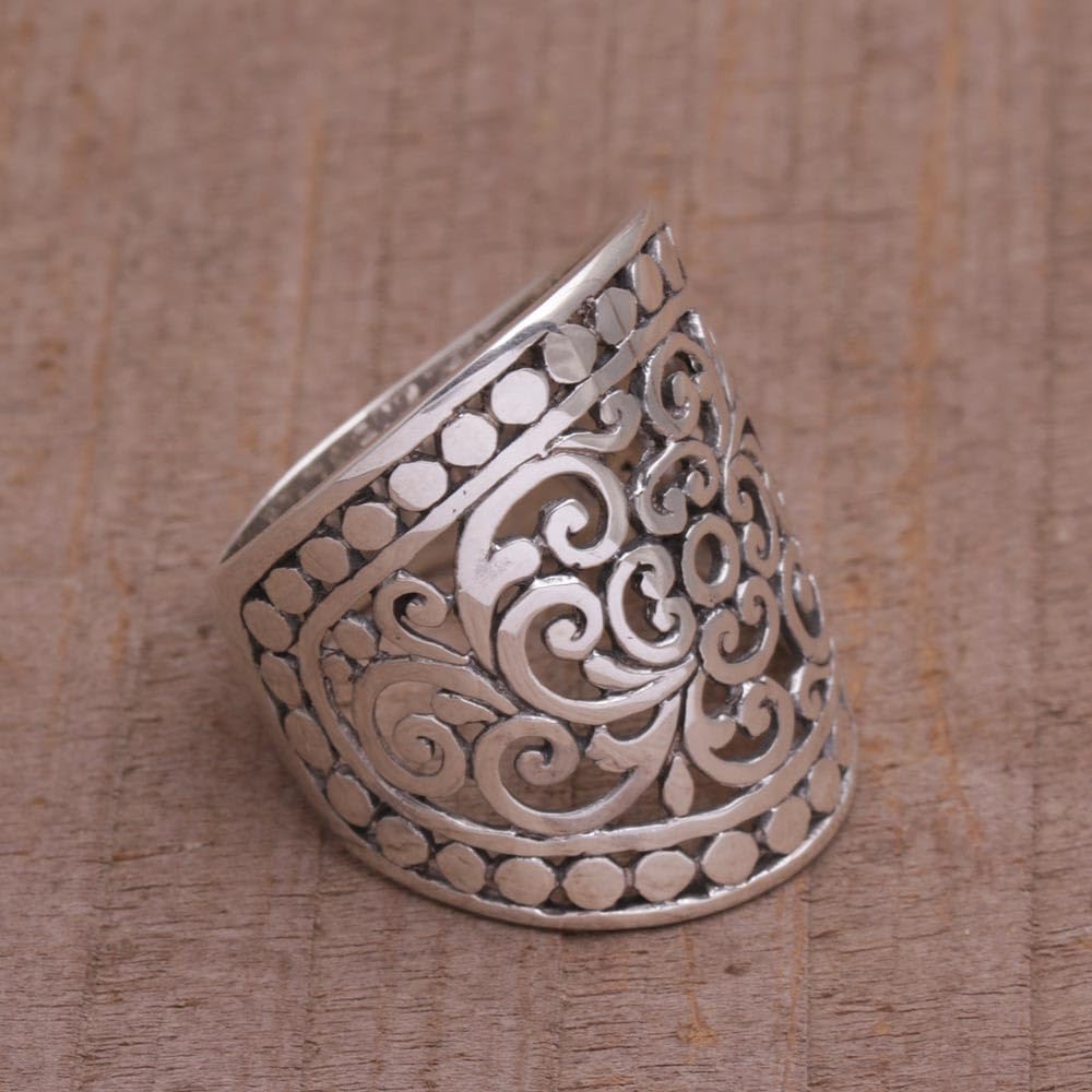 NOVICA Artisan Handmade .925 Sterling Silver Band Ring Wide from Indonesia Tone 'Memory of Bali'