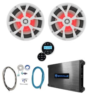 rockville (2) rkl80mbw 8" 900w marine led speakers+receiver+amplifier+amp kit