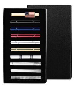 finrezio 10 pcs tie clips for men tie bar clip set for regular ties black gold red navy blue silver american flag necktie wedding business clips with gift box